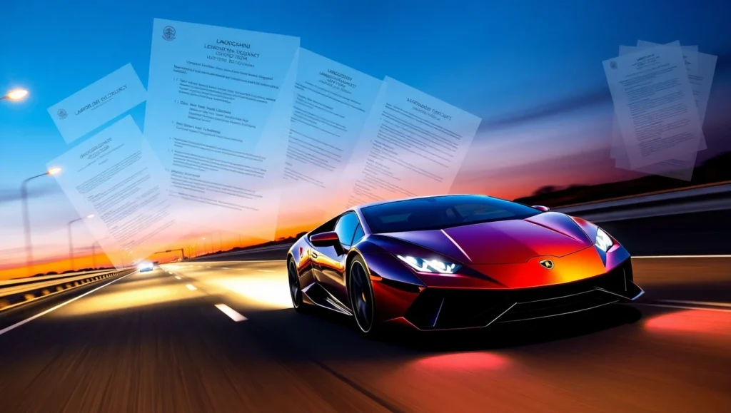 Lamborghini-Racing-Against-a-Backdrop-of-Trade-Documents